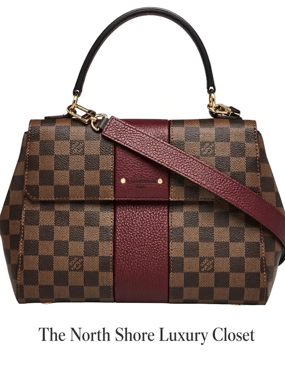 Louis Vuitton Brown Damier Canvas Satchel with Burgundy Leather Strap